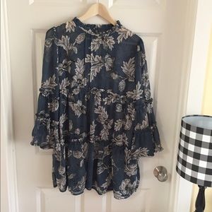 Sheer slate floral flowers hippie tunic dress top